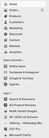 Shopify admin left navigation showing Home, Orders, Products, Customers, Marketing, sales channels, and installed apps