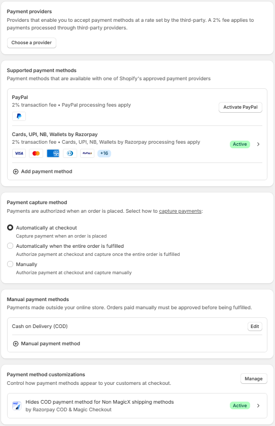Shopify Payments settings showing Razorpay, PayPal, payment capture options, COD, and payment customizations