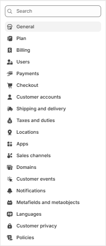 Shopify Settings sidebar menu with General, Payments, Taxes and duties, Domains, and related options