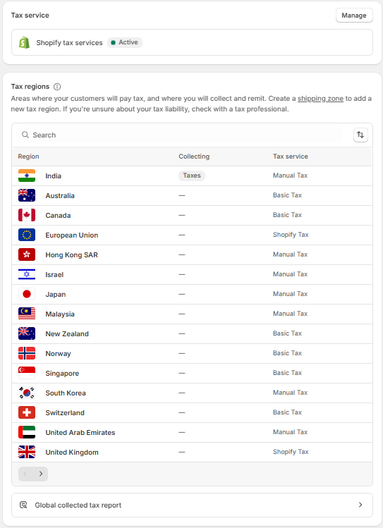 Shopify Tax regions table listing India, EU, UK, and other countries with tax services