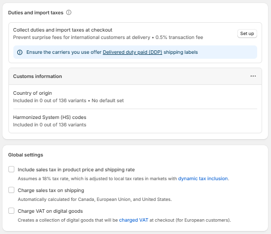 Shopify duties and import taxes setup with customs information and global tax checkboxes